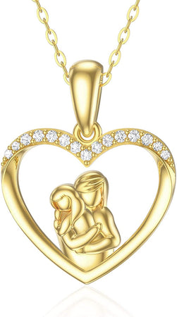 14K Yellow Gold Heart Pendant Necklaces for Mother'S Day, Mother Daughter Necklace, Mother Son Necklace, Moissanite Mother Child Necklace for Mother Mom, 16''-18''