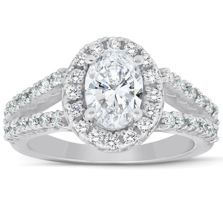 1 Carat 14K White Gold Split Shank Oval Cut Diamond Engagement Ring (0.5 Ct I Color SI1 Clarity Center Stone)