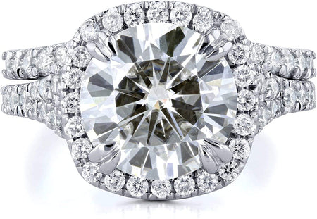 round G-H Moissanite Cushion Halo Bridal Wedding Set 4 CTW 14K White Gold