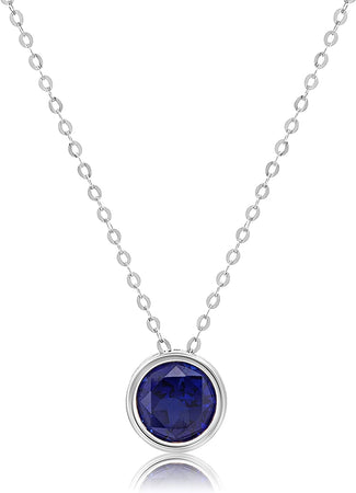 14K White or Yellow Gold round Pendant Necklace for Women with 7 Mm Gemstone Birthstone on 18 Inch Cable Chain Spring Ring Clasp Bezel Set