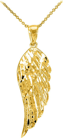 14K Yellow Gold Dangling 1-1/5" Angel Wing Charm Pendant Necklace with Rolo Chain - Your Choice of Chain Lengths