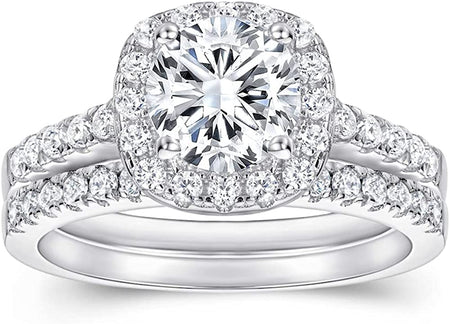 Halo Wedding Ring Set for Women Bridal Sets Wedding Rings Platinum Plated Silver, 1-1/2 Carat (Ctw) Moissanite Engagement Ring Set White Gold Anniversary Promise Rings