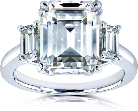 5 1/2 Carat TGW Three Stone Emerald Cut Moissanite Statement Engagement Ring in 14K White Gold