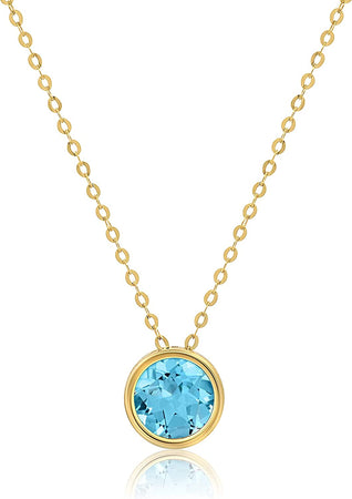14K White or Yellow Gold round Pendant Necklace for Women with 7 Mm Gemstone Birthstone on 18 Inch Cable Chain Spring Ring Clasp Bezel Set