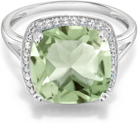 10K White Gold Green Prasiolite and White Created Sapphire Engagement Ring for Women (6.74 Cttw, Cushion Cut 12MM, Available in Size 5, 6, 7, 8, 9)