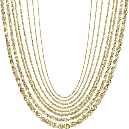 10K Gold 1.5MM, 2MM, 2.5MM, 3MM, 3.5MM, 4MM, 5MM, or 7MM Diamond Cut Rope Chain Necklace, Bracelet, Anklet Unisex Sizes 7"-30" - Yellow, White, or Rose
