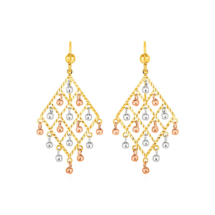Textured Chandelier Earrings W/ Ball Drops - 14k Tri Color Gold