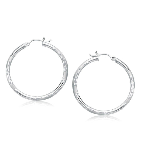 Fancy Diamond Cut Hoop Earrings - 14k White Gold, (35mm Diameter)