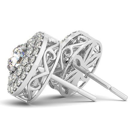 (1 1/4 cttw) Double Halo Round Diamond Earrings - 14k White Gold
