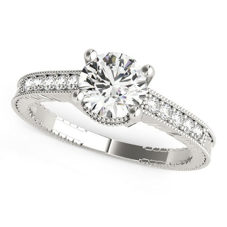 (1 1/8 cttw) Round Antique Style Diamond Engagement Ring - 14k White Gold