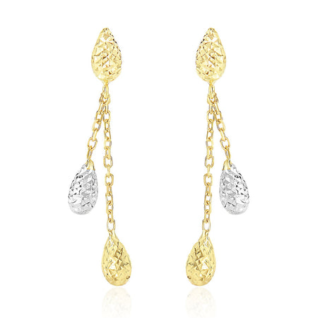 Double Row Chain Earrings W/ Diamond Cut Teardrops - 14k Two-Tone Gold