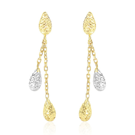 Double Row Chain Earrings W/ Diamond Cut Teardrops - 14k Two-Tone Gold