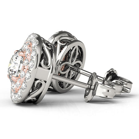 (3/4 cttw) Round Halo Diamond Earrings - 14k White and Rose Gold