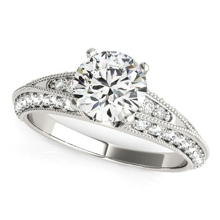 (1 1/2 cttw) Pronged Round Antique Diamond Engagement Ring - 14k White Gold