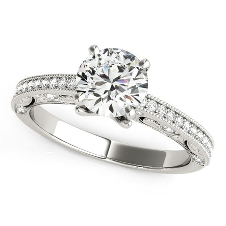 (1 1/8 cttw) Antique Pronged Round Diamond Engagement Ring - 14k White Gold