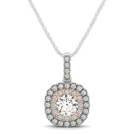 (1/2 cttw) Cushion Shape Halo Diamond Pendant - 14k White And Rose Gold
