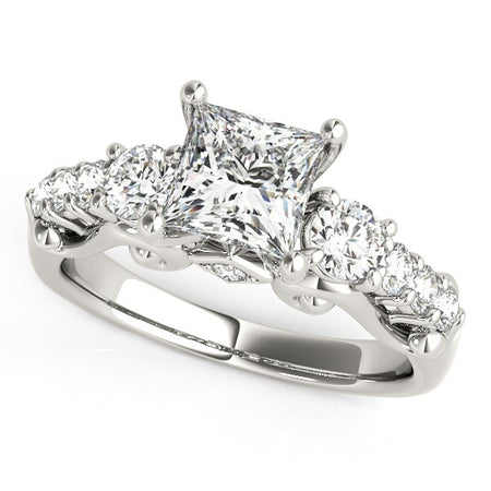 (1 3/4 cttw) 3 Stone Antique Design Diamond Engagement Ring - 14k White Gold