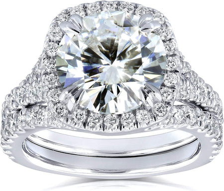 round G-H Moissanite Cushion Halo Bridal Wedding Set 4 CTW 14K White Gold