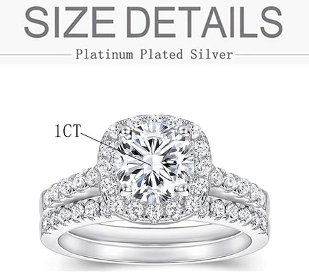 Halo Wedding Ring Set for Women Bridal Sets Wedding Rings Platinum Plated Silver, 1-1/2 Carat (Ctw) Moissanite Engagement Ring Set White Gold Anniversary Promise Rings