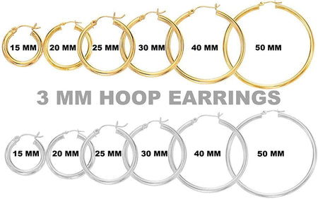 14K REAL Yellow or White or Rose/Pink Gold 3MM Thickness Classic Polished round Tube Hoop Earrings with Snap Post Closure for Women in Many Sizes and Gauges