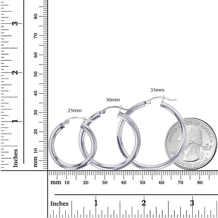 14K Yellow or White Gold 3Mm Solid Polished round Hoop Earrings for Women | 3Mm Thick | Classic Style | Hoop Earrings | Secure Click-Top | Polished Earrings, 15Mm-90Mm