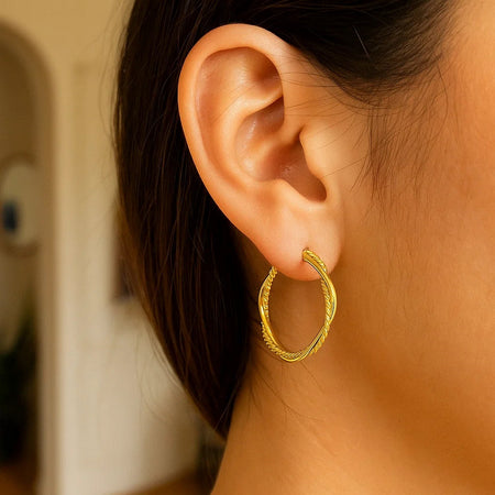 14k Yellow Gold Two Part Textured Twisted Round Hoop Earrings(3x25mm)