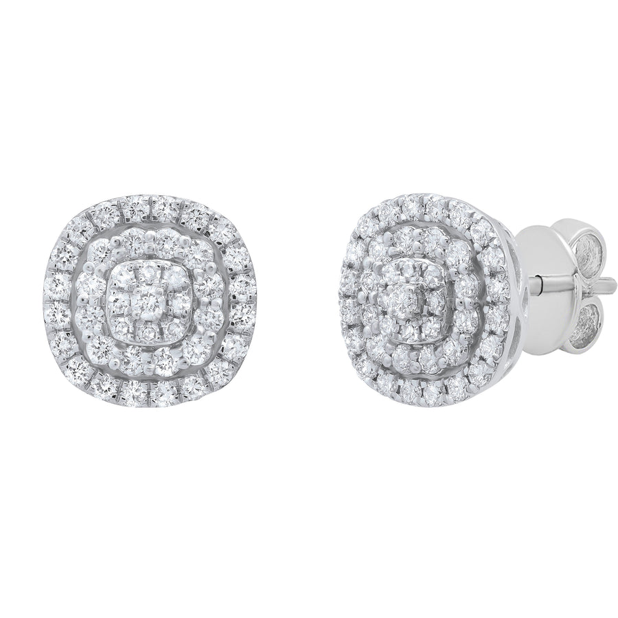 0.95 Carat (Ctw) round Diamond Ladies Double Halo Cluster Screw Back Stud Earrings, Available in 10K/14K/18K Gold & 925 Sterling Silver