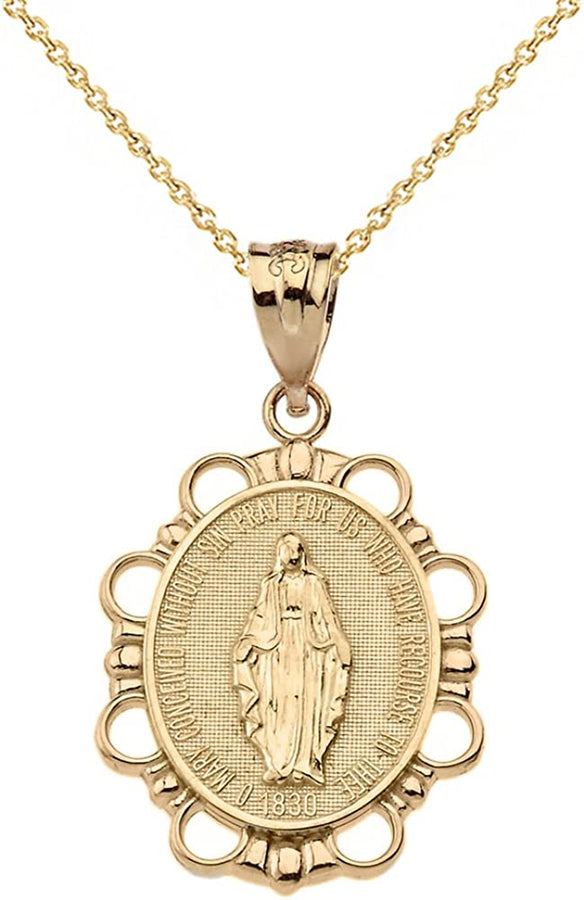 14K Yellow Gold Miraculous Medal of Blessed Virgin Mary Pendant Necklace (Small)