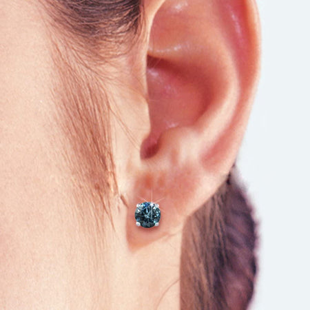 Blue - I1 round Brilliant Cut Diamond Earring Studs in 14K Gold