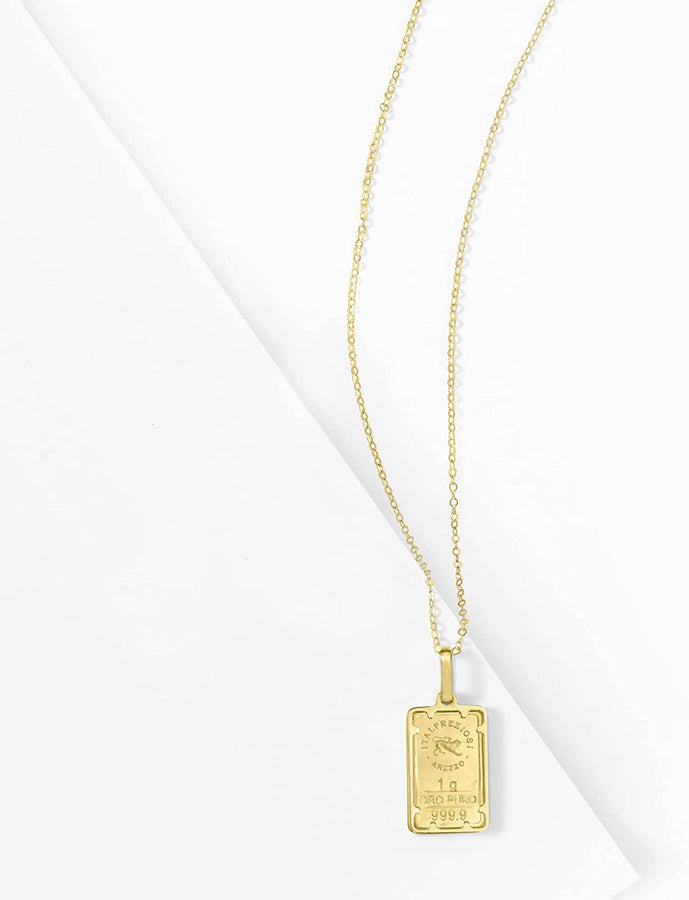 Italian 24Kt Yellow Gold Fleur-De-Lis 1-Gram Ingot Pendant Necklace with 14Kt Yellow Gold Frame