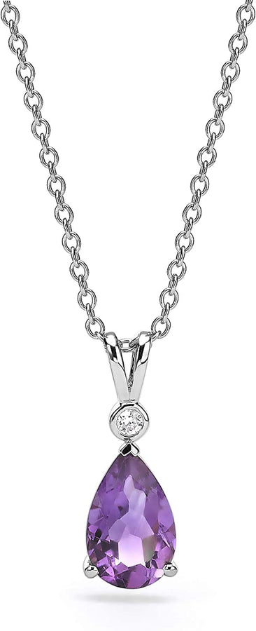 2.10 Carat Pear Cut Purple Amethyst and Diamond Pendant Necklace for Women in 14K Gold (H-I, SI1-SI2) on 17.7 to 19.7 Inch Adjustable Silver Chain by