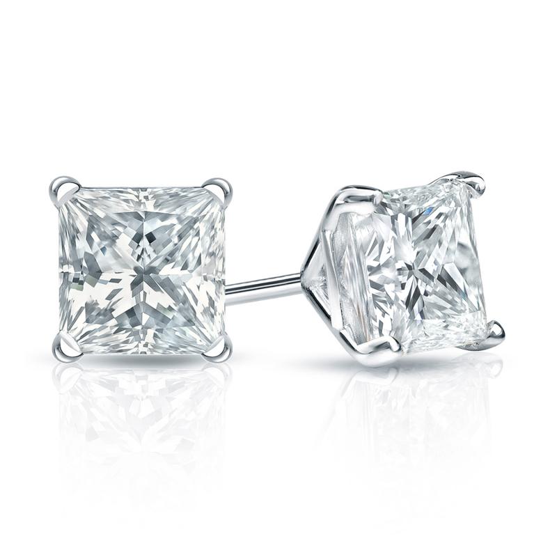 1.2 Carat Solitaire Diamond Stud Earrings Princess Cut 4 Prong Push Back (I-J Color, VS1-VS2 Clarity)