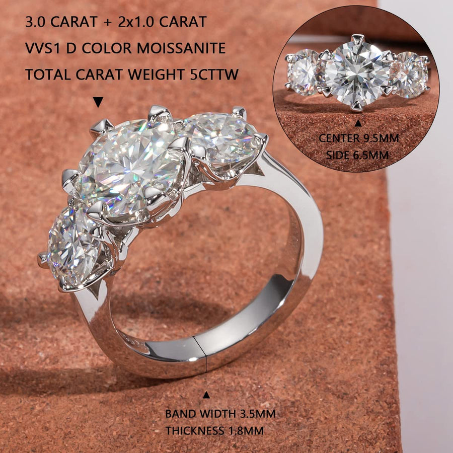 3 Stone Moissanite Ring for Women 5Cttw 3 Carat 9.5Mm Certified Moissanite Diamond with Side 1 Carat 6.5Mm D-E-F Color VVS Brilliant Platinum Plated Silver Anniversary Engagement Wide Band