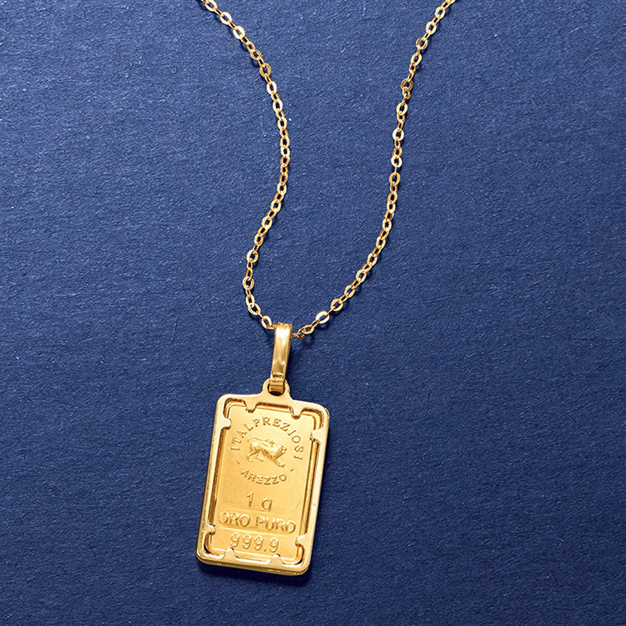 Italian 24Kt Yellow Gold Fleur-De-Lis 1-Gram Ingot Pendant Necklace with 14Kt Yellow Gold Frame