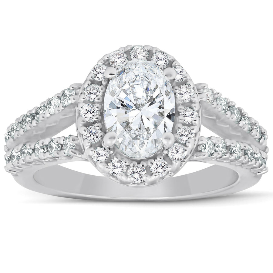 1 Carat 14K White Gold Split Shank Oval Cut Diamond Engagement Ring (0.5 Ct I Color SI1 Clarity Center Stone)