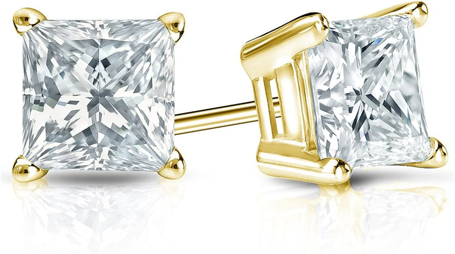 1 Carat Solitaire Diamond Stud Earrings Princess Cut 4 Prong Screw Back (I-J Color, VS1-VS2 Clarity)