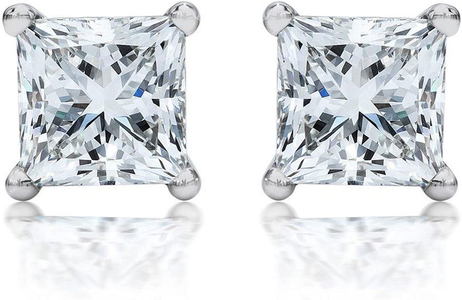1 Carat Solitaire Diamond Stud Earrings Princess Cut 4 Prong Screw Back (I-J Color, VS1-VS2 Clarity)