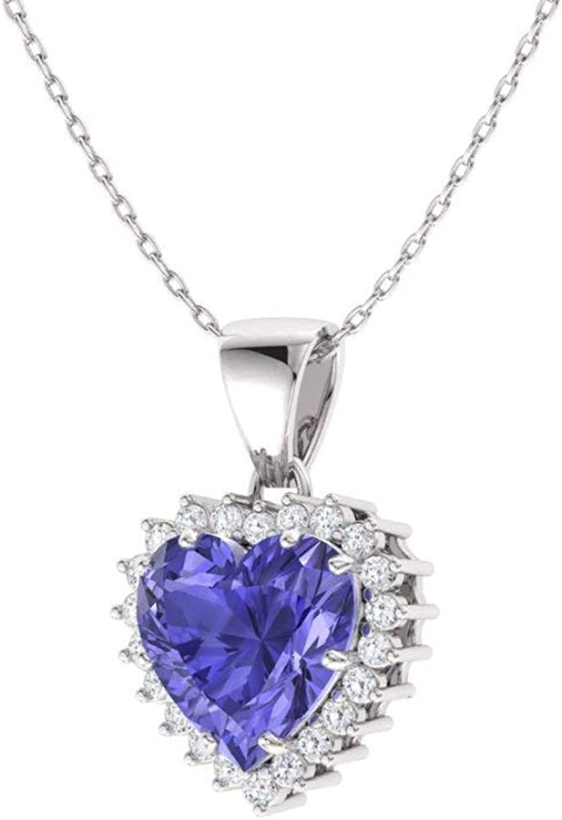 Natural and Certified Heart Cut Gemstone and Diamond Halo Necklace in 14K White Gold | 1.14 Carat Pendant with Chain