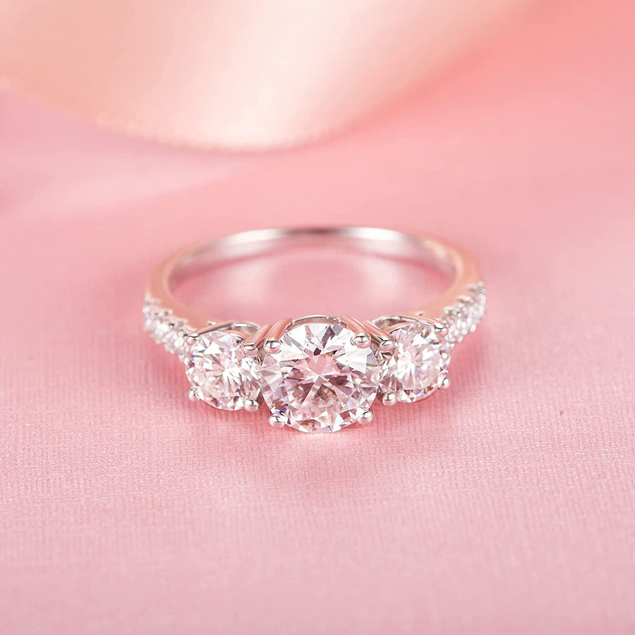 Moissanite Engagement Rings for Women, 2.66-3Ct Three Stone Moissanite Ring 18K White Gold Plated Silver Moissanite Rings, D Color VVS1 Clarity Anniversary Wedding Engagement Rings for Proposal Promise Ring for Her