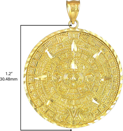 10K Yellow Gold round Aztec Mayan Calendar Charm Pendant - Choice of Size