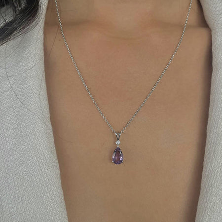 2.10 Carat Pear Cut Purple Amethyst and Diamond Pendant Necklace for Women in 14K Gold (H-I, SI1-SI2) on 17.7 to 19.7 Inch Adjustable Silver Chain by