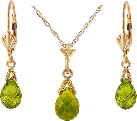 Galaxy Gold GG 14K Solid Gold Jewelry Set: Natural Briolette 7 Carat Total Peridot Pendant Necklace and Dangle Earrings