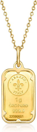 Italian 24Kt Yellow Gold Fleur-De-Lis 1-Gram Ingot Pendant Necklace with 14Kt Yellow Gold Frame