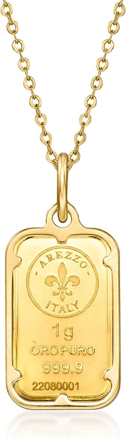 Italian 24Kt Yellow Gold Fleur-De-Lis 1-Gram Ingot Pendant Necklace with 14Kt Yellow Gold Frame