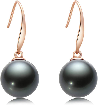 18K Gold Black Pearl Dangle Earrings 8-9Mm Genuine Tahitian Cultured Pearls Drop Ear Hook Dangle Earrings Vintage Jewelry for Women