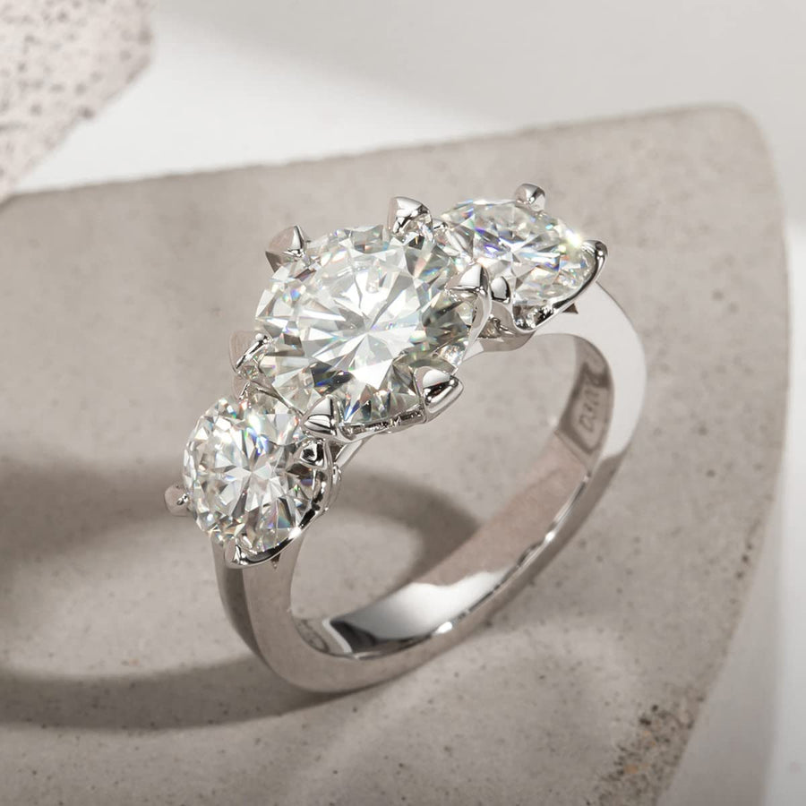 3 Stone Moissanite Ring for Women 5Cttw 3 Carat 9.5Mm Certified Moissanite Diamond with Side 1 Carat 6.5Mm D-E-F Color VVS Brilliant Platinum Plated Silver Anniversary Engagement Wide Band