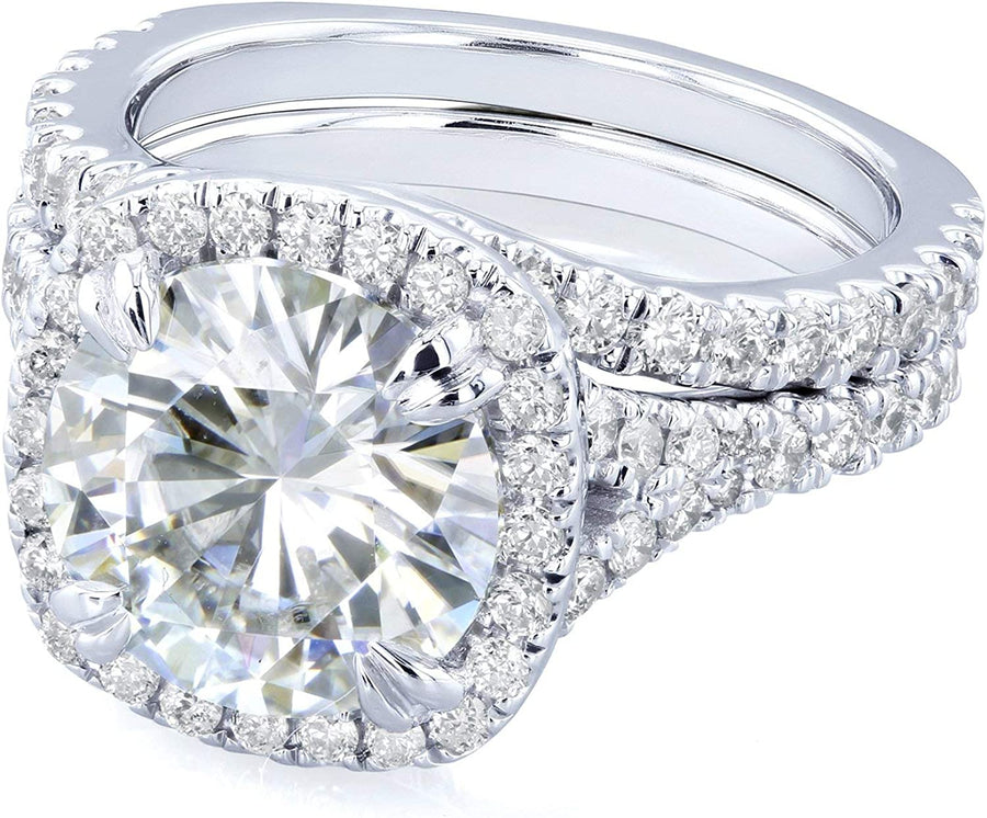round G-H Moissanite Cushion Halo Bridal Wedding Set 4 CTW 14K White Gold