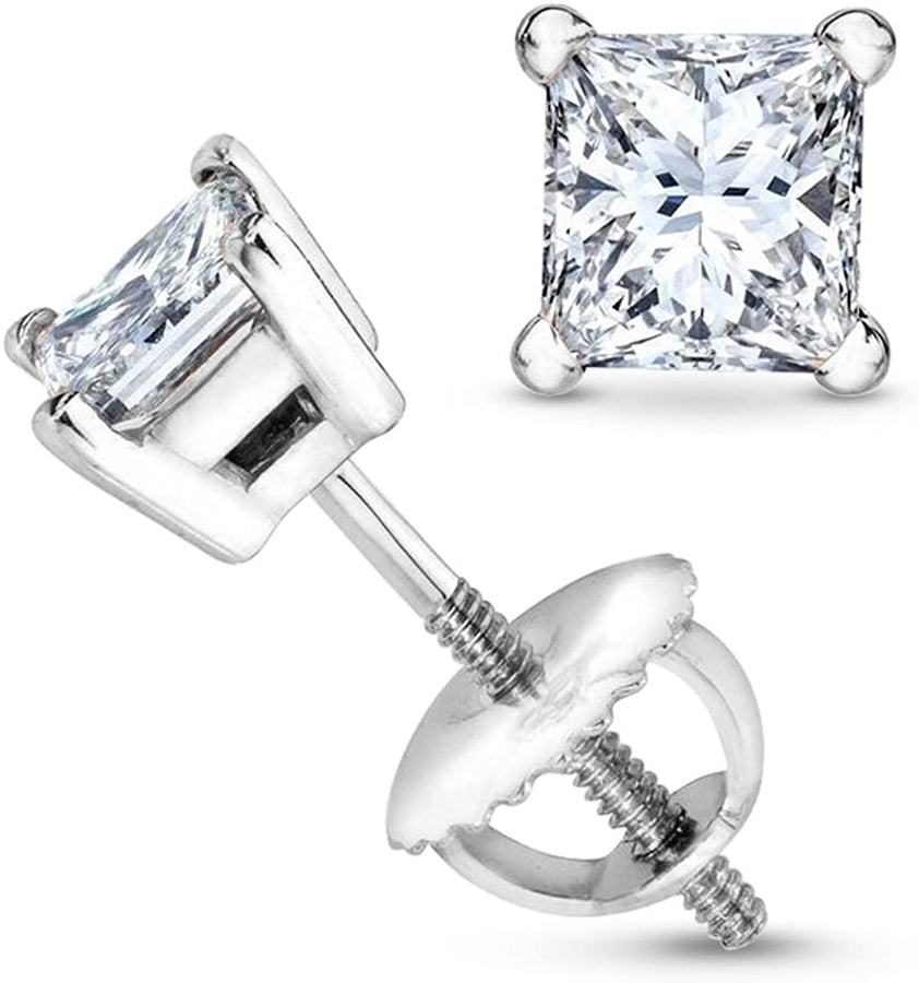 1/2-2 Carat Total Weight Princess Diamond Stud Earrings 4 Prong Screw Back (G-H Color VS1-VS2 Clarity)