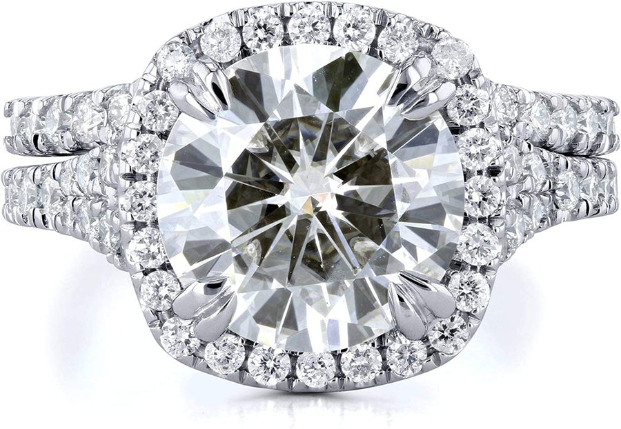 round G-H Moissanite Cushion Halo Bridal Wedding Set 4 CTW 14K White Gold