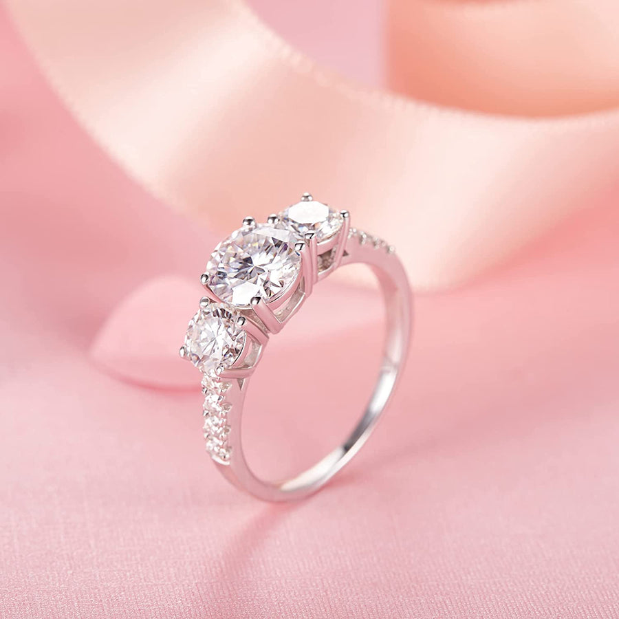 Moissanite Engagement Rings for Women, 2.66-3Ct Three Stone Moissanite Ring 18K White Gold Plated Silver Moissanite Rings, D Color VVS1 Clarity Anniversary Wedding Engagement Rings for Proposal Promise Ring for Her
